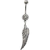 Handcrafted Navel Ring Curved Barbell With Crystal Clear Rhinestone Inserts And A Silver Plated Angel Wing Charm Dangle Belly Button Ring Body Piercing
