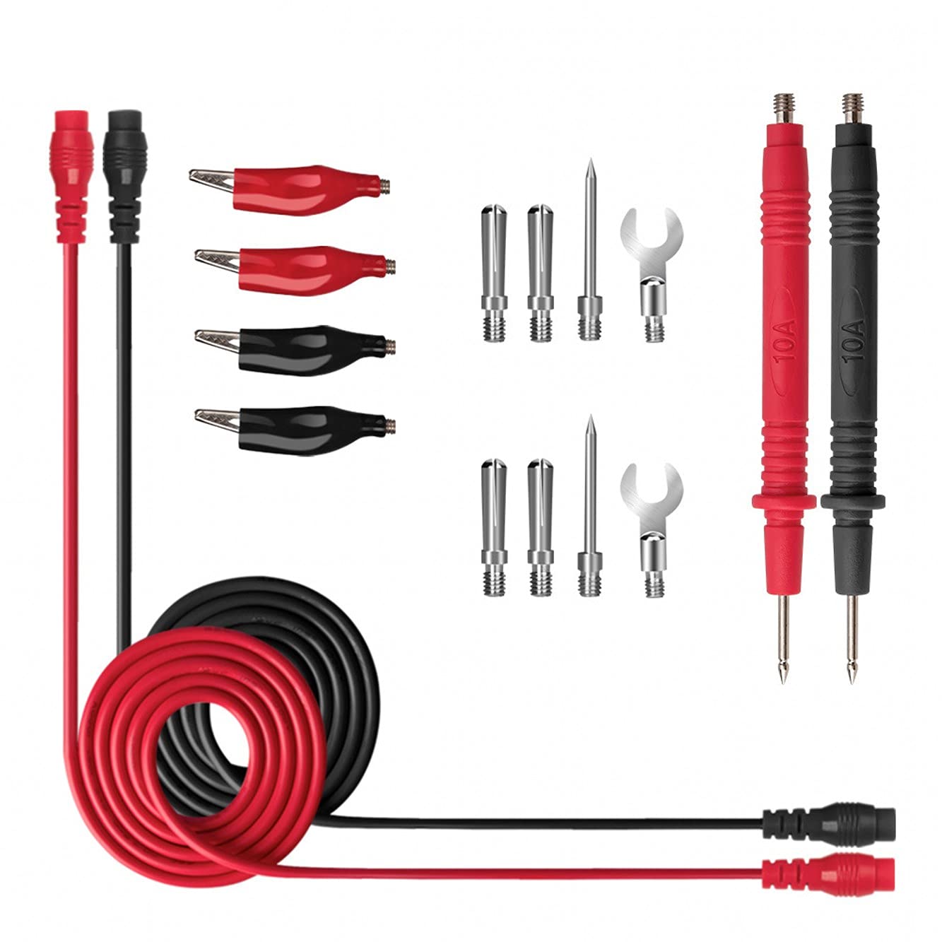 JZK Universal electrical multimeter test leads set kit, include test lead cables, multimeter test probes, test needles, crocodile clips, banana plug, U shape connectors