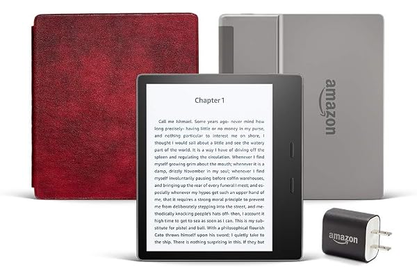 Kindle Oasis Essentials Bundle including Kindle Oasis (Graphite, Ad-Supported), Amazon Leather Cover, and Power Adapter