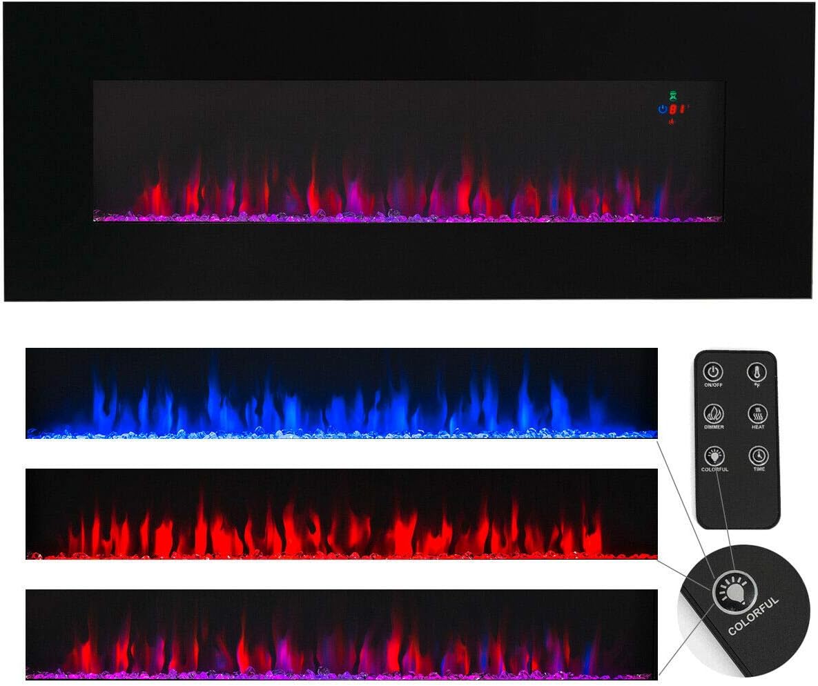 9TRADING Electric Fireplace Wall Mount Heater Flame Adjustable Heating Black 50" 3-Color