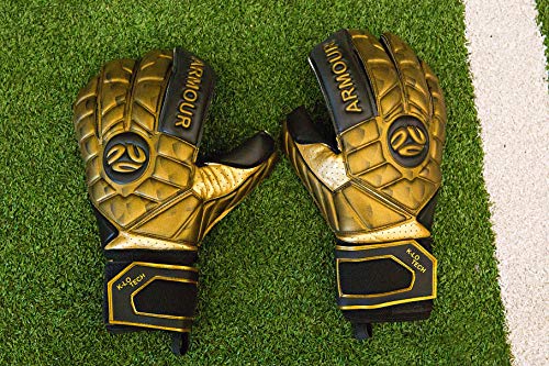 FINGERSAVE Goalkeeper Gloves by K-LO - The Armour Goalie Glove Has Fingersave Protection in All 5-Fingers to Prevent Injury & Improve Shot Blocking. Super Sticky Palms. Youth & Adult Sizes Gold