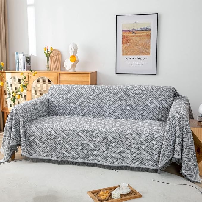 LHGOGO Sofa Throw for 2 Seater Sofas, Large Geometric Jacquard Woven Blanket with Fringes, 60% Cotton Blend Heavyweight Settee Throw, Reversible Couch Cover for Pets, 180x230cm, Light Grey