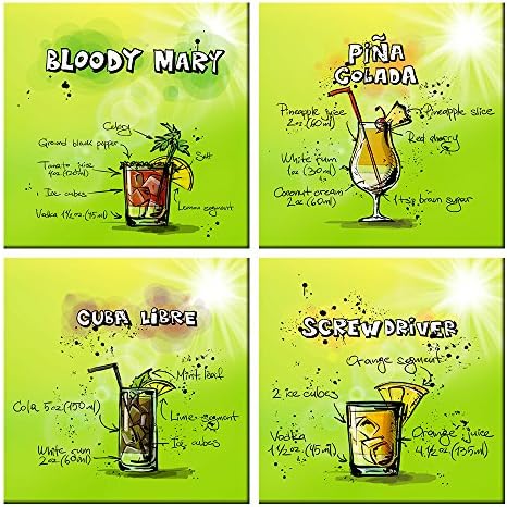 The Melody Art - 4 Sets Giclee Prints Stretched and Framed Artwork Cuba Libre, Screwdriver, Pina Gilada and Bloody Mary Cocktail Recipe Pictures Paintings on Canvas for Living Room Bedroom Home Decor