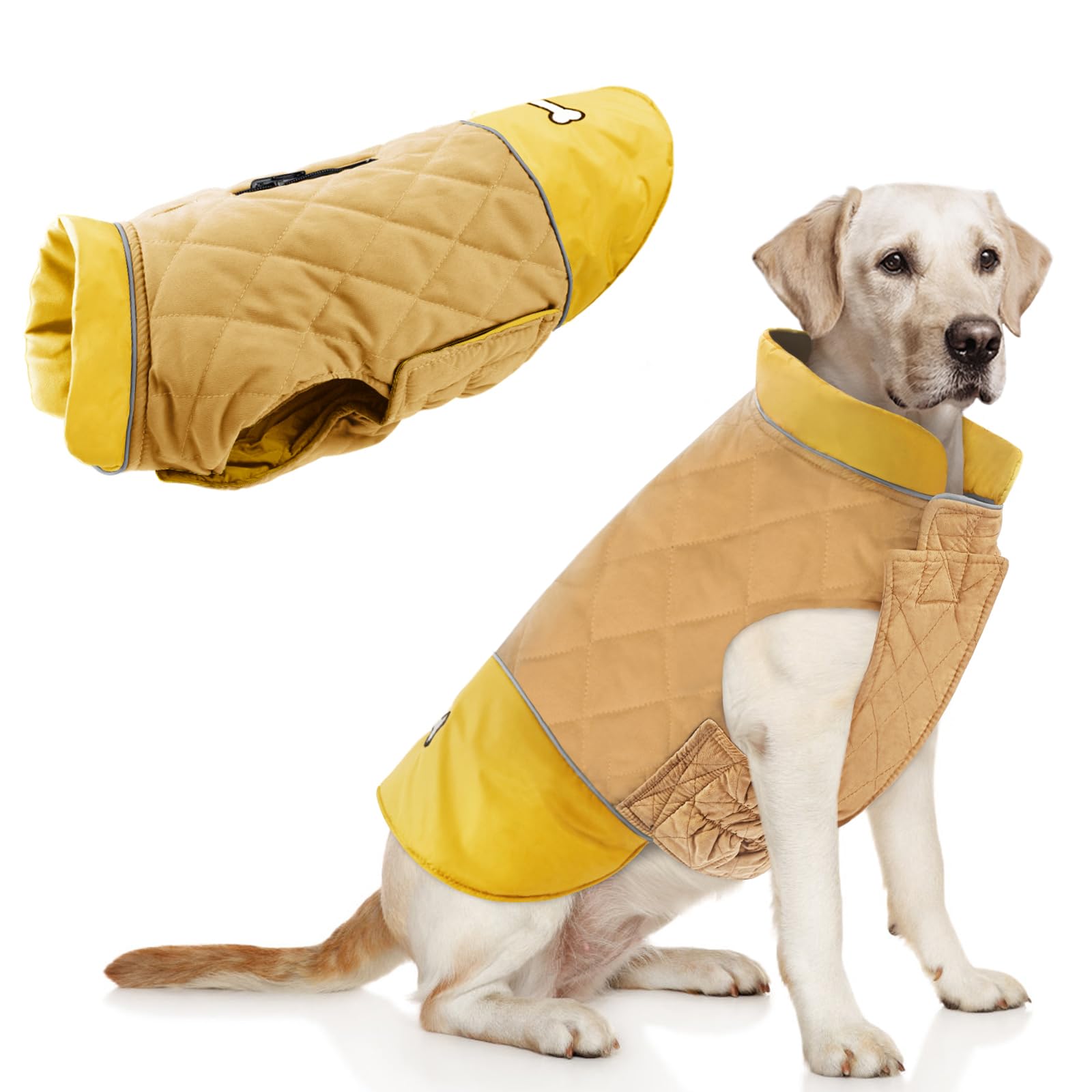 Idepet Waterproof Dog Coat Winter Warm Jacket Vest,Windproof Snowsuit Dog Clothes Outfit Vest Pets Apparel for Small Medium Large Dogs with Harness Hole Yellow XL