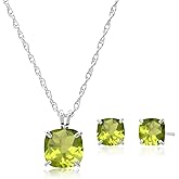 MAX + STONE 14k Gold Plated or Sterling Silver Cushion Cut Gemstone Stud Earrings and Pendant Necklace for Women with 6mm and 8mm Birthstones 18 Inch Chain and Push Backs Jewelry Set