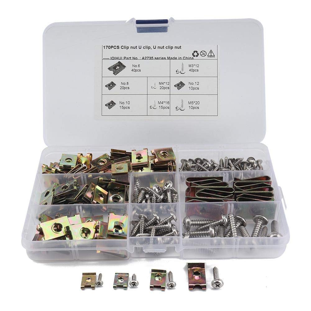 170pcs Car Fastener Clip, U Nut Bolts U Clip Screws, U-clip/U Nut Screw 6/8/10/12 Screws Assortment Kit Zinc Plated Motorcycle Car Door Dash Interior Trim Fasteners with Plastic Storage Box