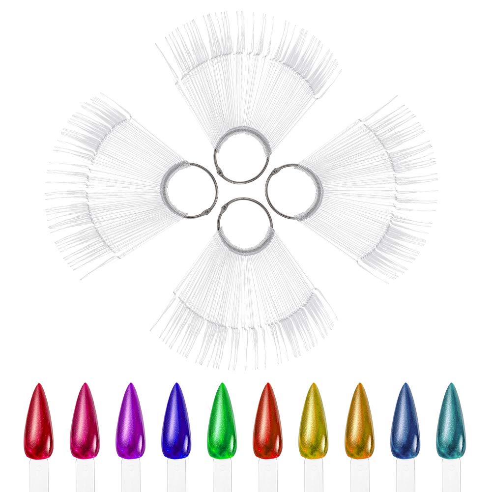 200pcs Clear Stiletto Nail Swatch Sticks, Fan-shaped Display Tips with Metal Ring Acrylic Practice Holder for Gel Polish Art Salon Beginners
