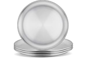 Set of 4 Stainless Steel Plates, 8-inch Metal Dinner Plates for Kids, Picnics, Outdoors, Camping, Healthy & Non-Toxic, Shatte