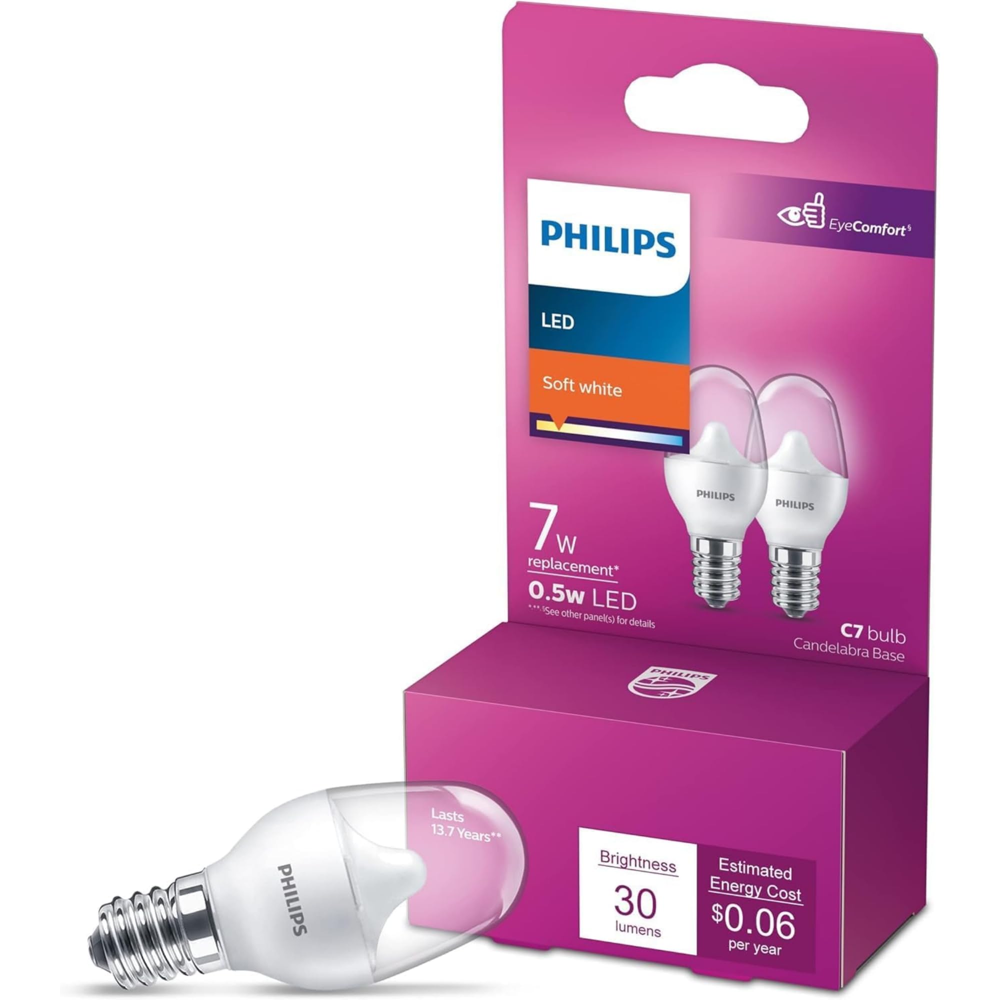 Photo 1 of PHILIPS LED Frosted Flicker-Free C7 Night Light Bulb Non-Dimmable, EyeComfort Technology, 30 Lumen, Soft White Light (2700K), .05W=7W, E12 Base, (574038), 2 Count (Pack of 1)
