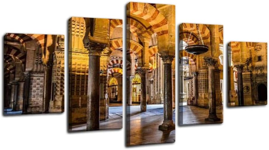 FEMIDAME Canvas Prints,moorish style arches within the mezuita in cordoba, spain spains and Wall Art, Modern Photo Image Picture Painting Print on Canvas, Artworks for Home Office Decor, 5 Panels