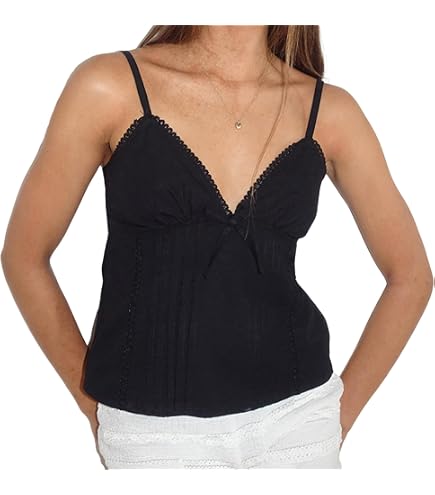 Women Sexy Y2k Frill Trim Camisole Lace V Neck Crop Top Ruffle