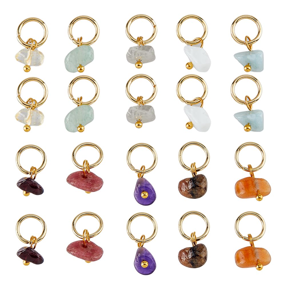 SUPERFINDINGS 60pcs Mixed Stone Chip Charms with Golden Jump Ring - Irregular Gemstone Dangle Charms in 10 Styles for DIY Making
