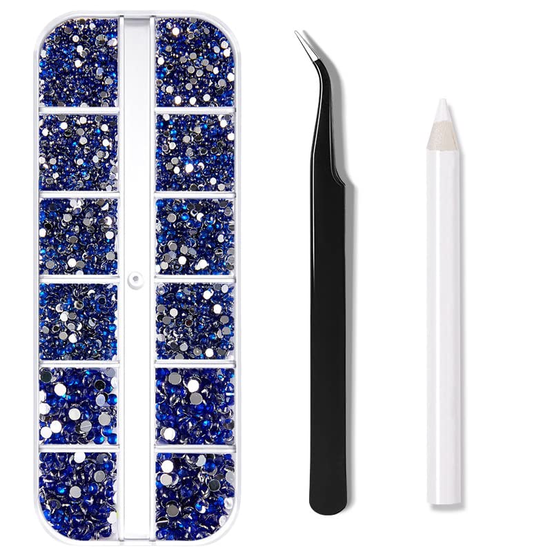 1200 Pieces Nail Art Street 3 Sizes Flatback Gemstones with Pick-Up Tweezers and Rhinestone Hands Transparent Round Crystal Rhinestones for Nail Art Clothing Craft (Navy Blue)