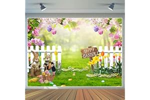CYLYH 7x5ft Spring Easter Garden Photography Backdrop Green Grass Lawn Pink Floral Fence Background Baby Children Birthday Party Decorations Banner
