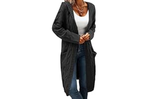 WIFFGO Lightweight Hooded Open Front Cardigan for Women Cable Knit Sweaters Pocketed Oversized Knee Length Long Coats