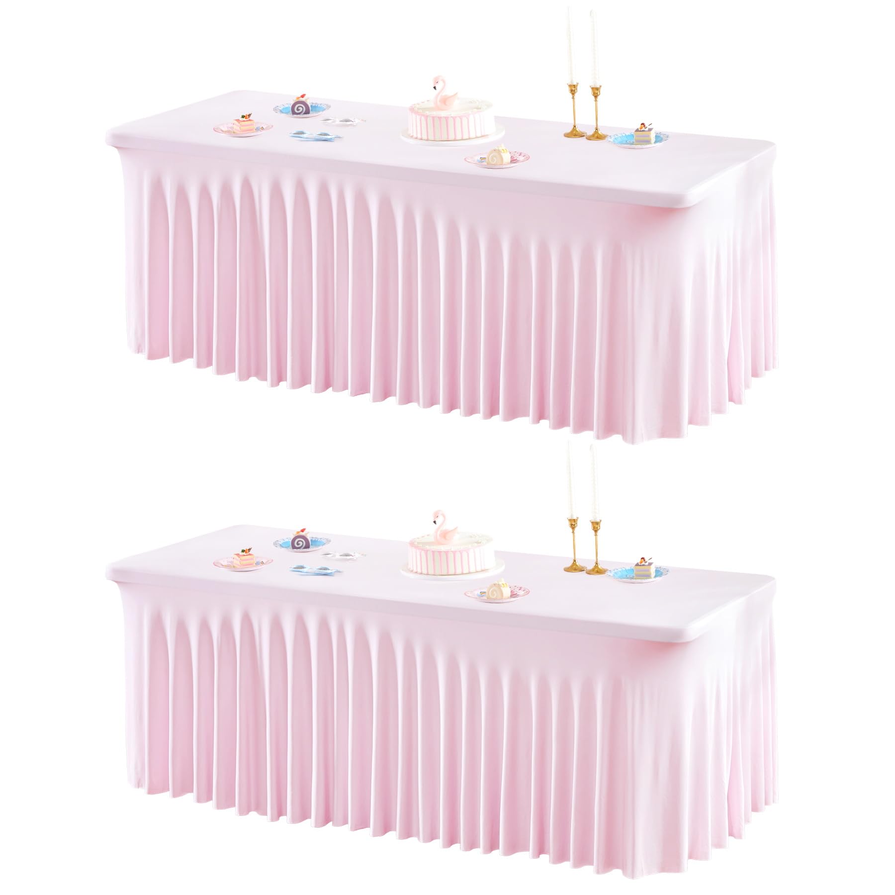 Photo 1 of 2 Packs Pink Table Clothes for 6 Foot Rectangle Tables, One-Piece Wrinkle Resistant Stretch Spandex Table Covers with Skirt for Event Banquet Wedding Birthday Party