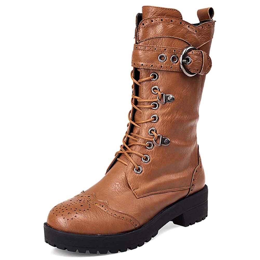 Odema Womens Round Toe Military Lace Up Low Heel Mid Calf Combat Boot
