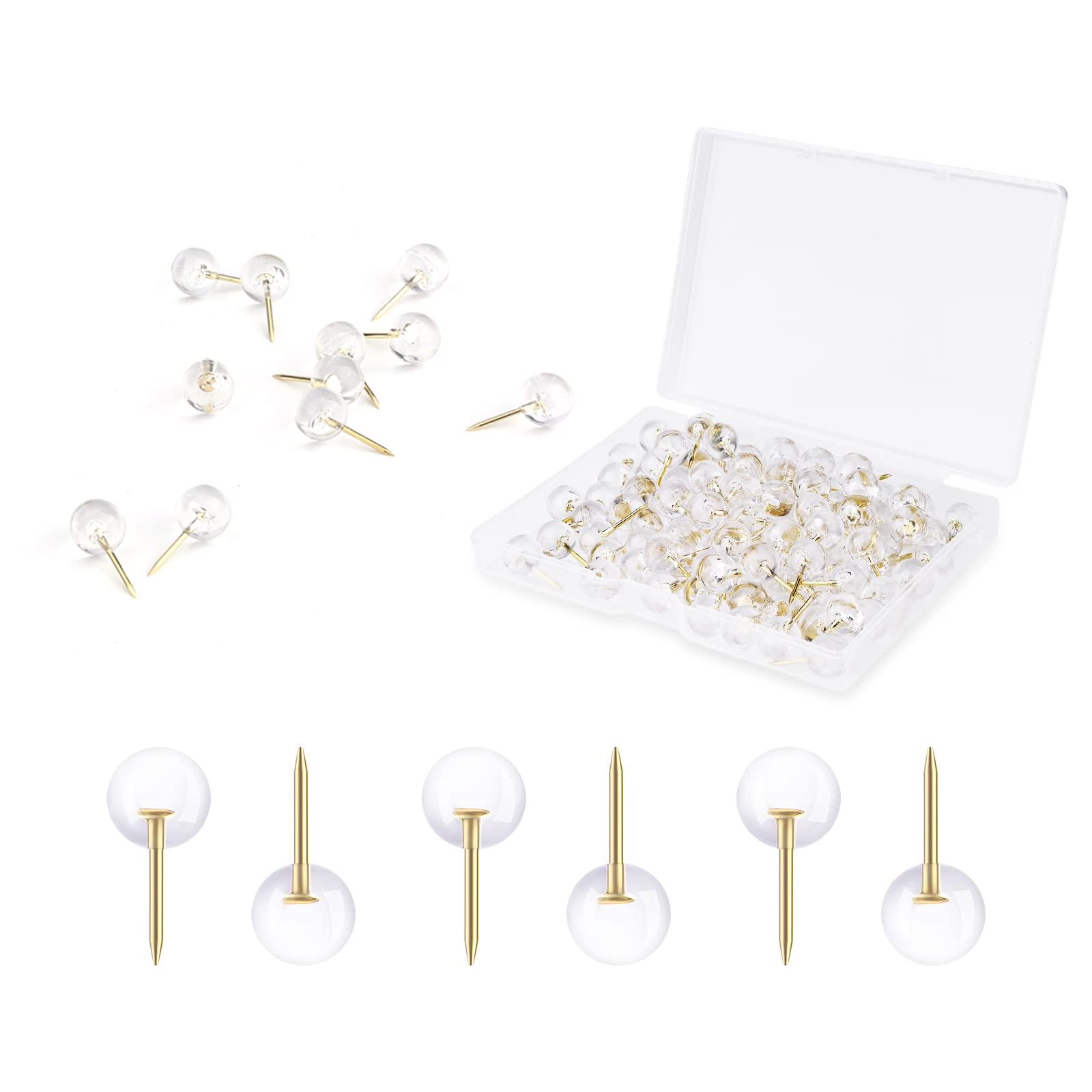AIEX 200pcs Round Push Pins, Clear Thumb Tacks Round Head with Storage Box Gold Ball Push Pins for Daily Study Office Data Storage Organizing Files