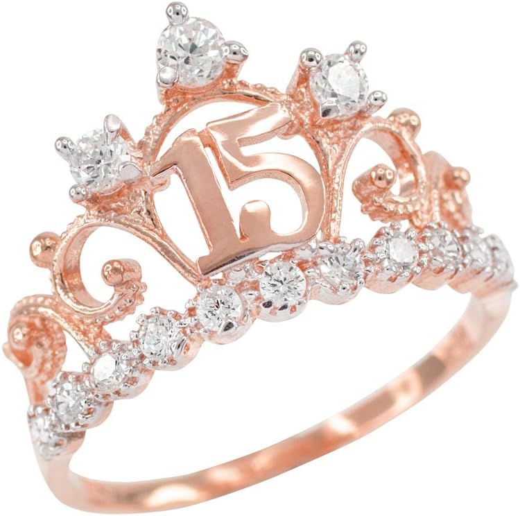 14k Rose Gold CZ-Studded Crown Sweet 15 Anos Quinceanera Ring
