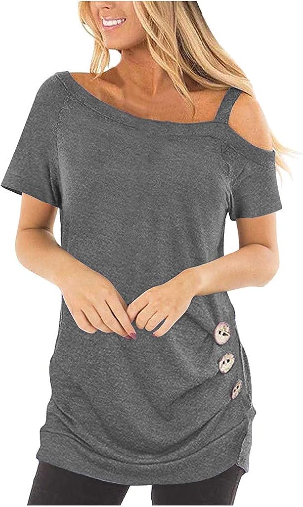 YANYUN Women Blouse Fashion Sexy Off Shoulder Cute Button Tshirt 2020 Summer Short Sleeve Crew Neck Pullover Plain Tunic Tops
