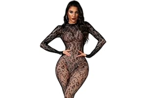 Women Sexy Fishnet Bodysuit, Lace Leopard Jumpsuit Full Body Stockings Mesh Lingerie, One Piece Party Club Rave Outfits