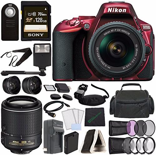 Nikon D5500 DSLR Camera with 18-55mm Lens (Red) + Nikon AF-S DX NIKKOR 55-200mm f/4-5.6G ED VR II Lens + Battery + Charger + Sony 128GB UHS-I SDXC Memory Card (Class 10) + Remote + Flash Bundle