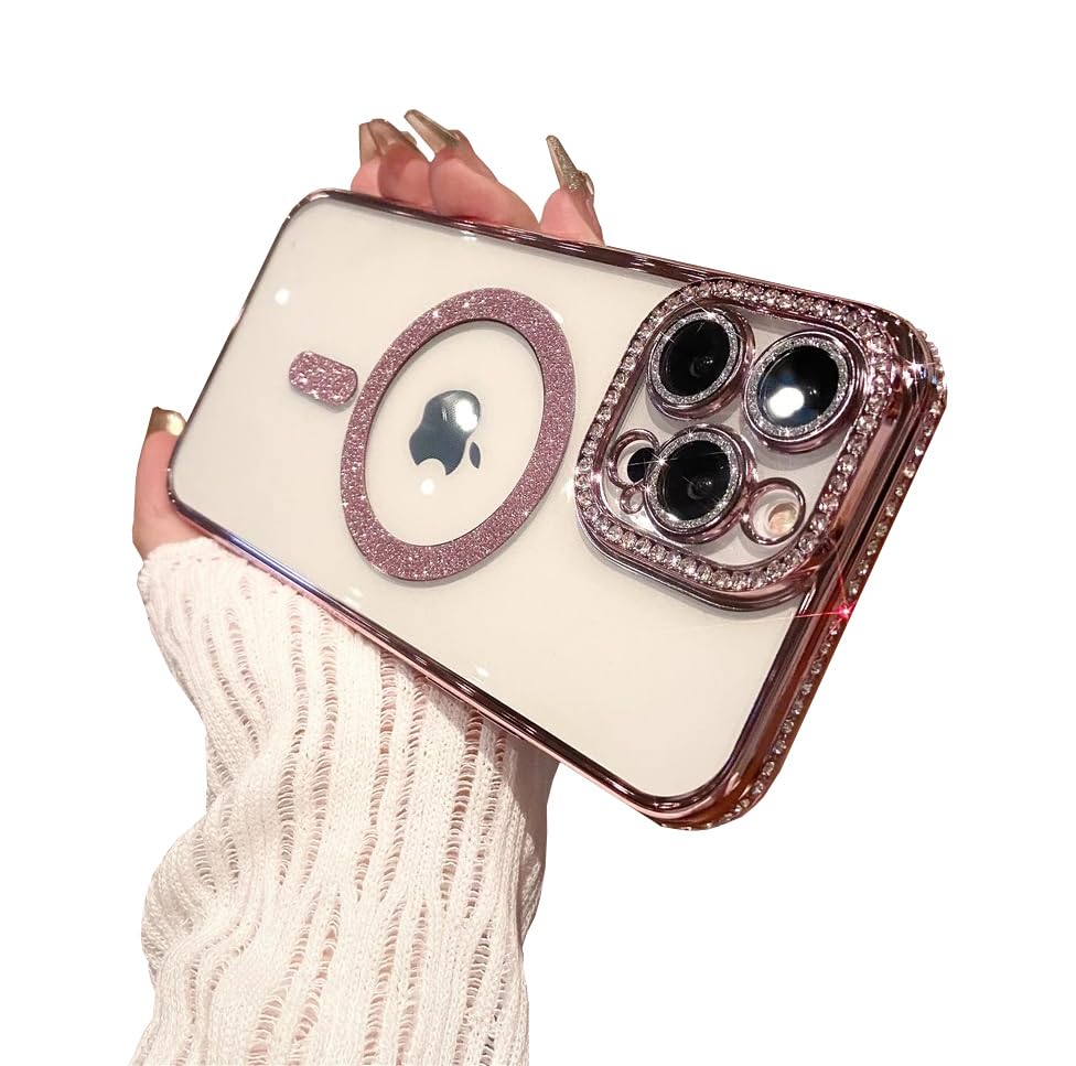 TETAW Cute for iPhone 15 Pro Magnetic Glitter Case,Luxury Bling Rhinestone Diamond Plated Bumper Case,Compatible with MagSafe, Sparkle Camera Lens Protection Clear Cover for Women Girls(Pink)