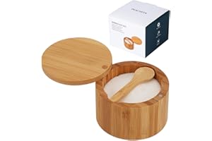 Pochita Global Bamboo Salt Cellar Bowl Box Container with Built-in Spoon, Elegant Kitchen Salt Dish Holder Saver Jar with Swi