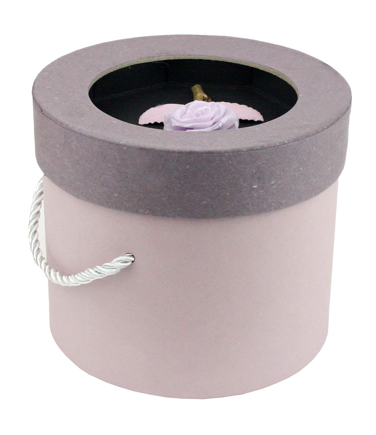 Emartbuy Rigid Luxury Round Shaped Presentation Gift Box, 13.8 x 8.5 cm, Purple Box with Lilac Lid, Chocolate Brown Interior and With Rose Flower Decoration