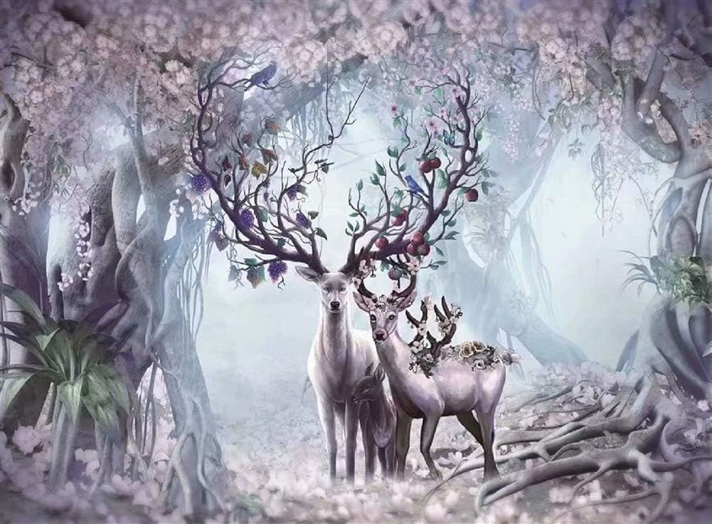 Queenie Abstract Art 1000 Piece The Deer Family in The Flowers Forest Animal Oil Painting Relax Mood Adults Games Wooden Jigsaw Puzzles for Christmas Birthday Gifts, Finished Size 30x20 inches