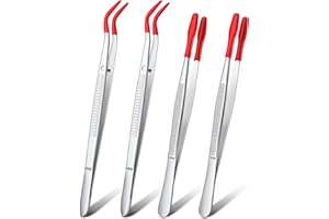 2 Pieces Bent Tip Tweezers with Rubber Tips PVC Coated and 2 Pieces Tweezers Rubber Coated PVC Soft Non Marring Flat Tips Lab