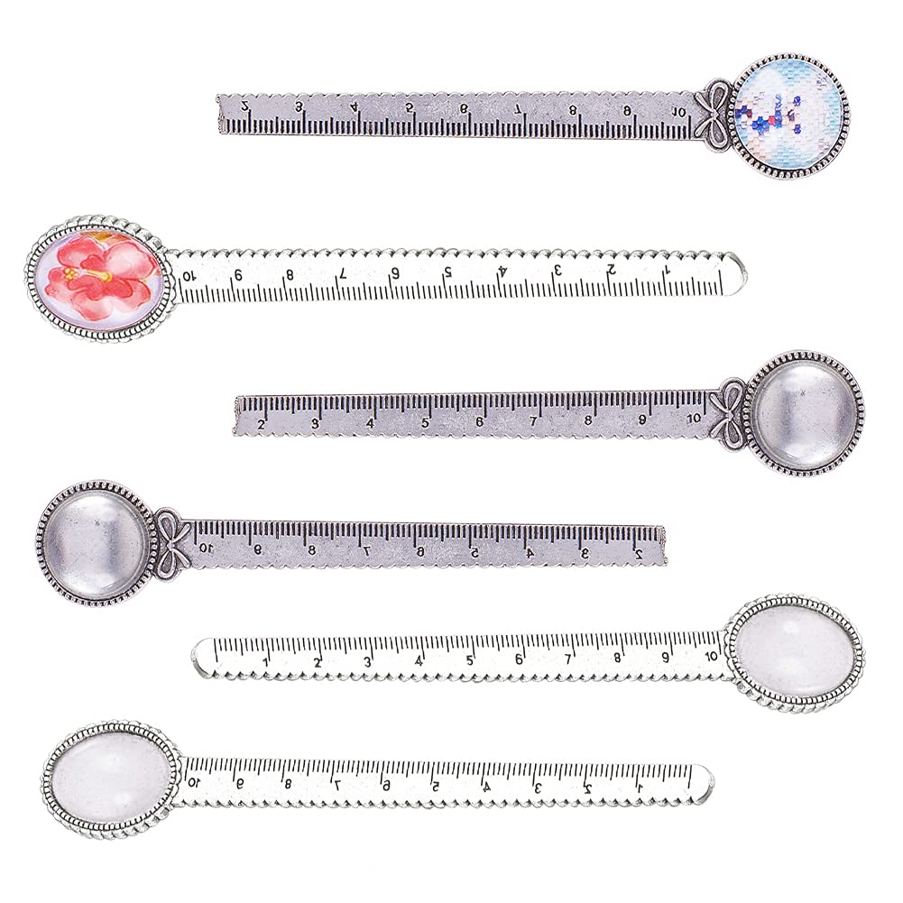 SUNNYCLUE 9PCS 2 Styles Ruler Bookmark Pendant Tray Kit Round Bookmark Cabochon Setting Blanks with Clear Domed Glass Cabochon for DIY Alloy Bookmark Making, Antique Silver