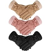 Geyoga 3 Pairs Women's Gloves Winter Windproof Gloves with Bowknot Thickened Warm Fleeced Lined Touchscreen Texting Phone for Snow Cold Weather Cycling Skiing Riding Outdoor Sports Black Camel Pink