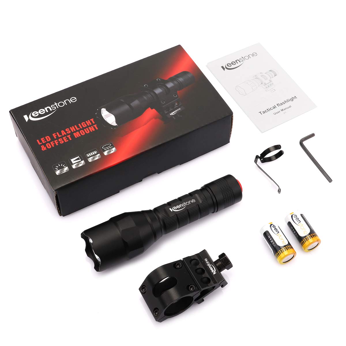 Tactical Flashlight with Picatinny Rail Mount, Keenstone 800 Lumen LED Light Waterproof Tactical Picatinny Flashlight for Home Use or Outdoor Hunting Camping include with Batteries and Portable Clip