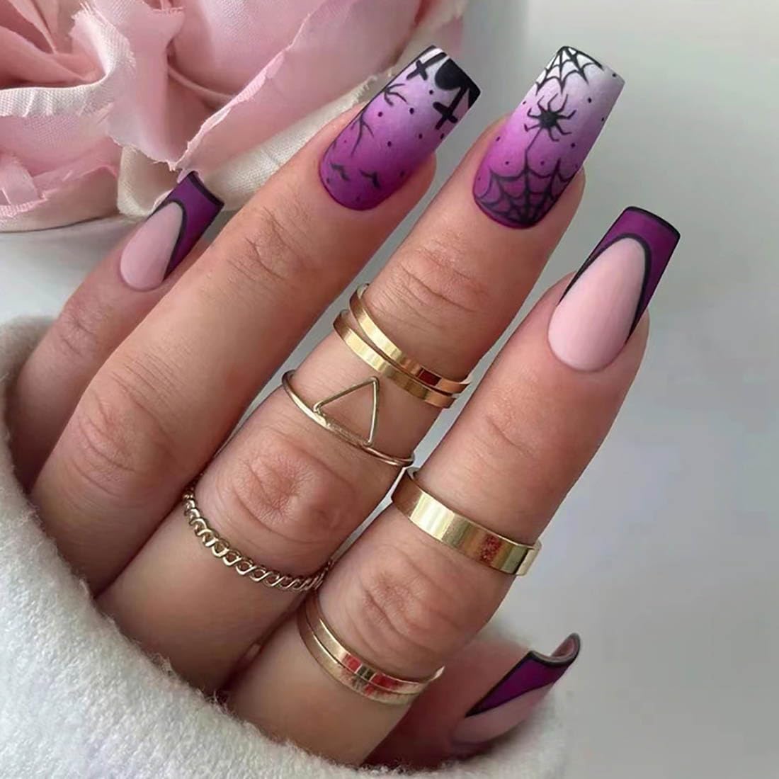 Cubahop 24PCS Square Halloween Press on Nails Purple Fake Nails Spider Design Cute Cosplay False Nails Glossy Nails for Women