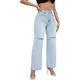 Aodrusa Ripped Wide Leg Jeans for Women Mom Baggy Straight Leg Stretchy Boyfriend Trendy Trouser Denim Pants
