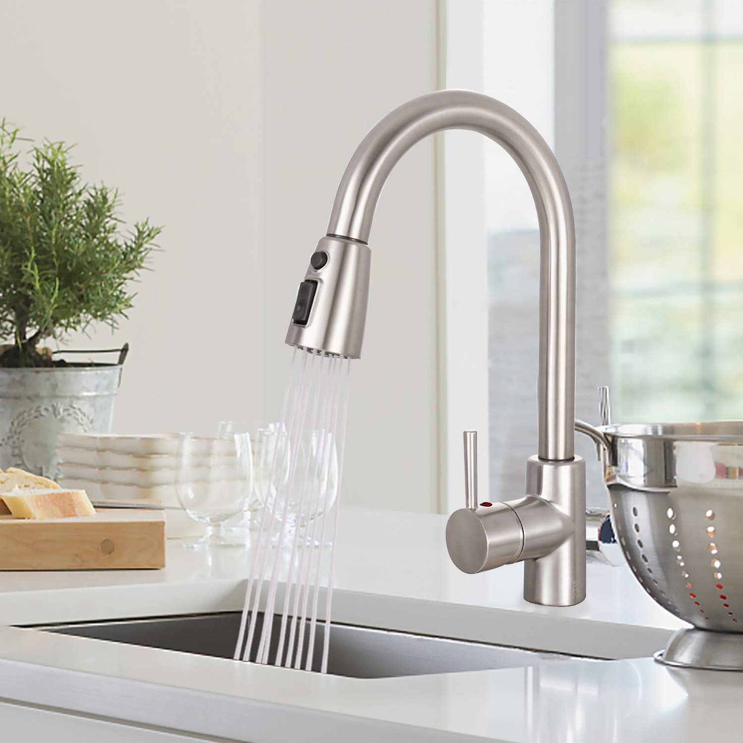 Sink Faucet Teccpo Single Handle High Arc Brushed Nickel Pull