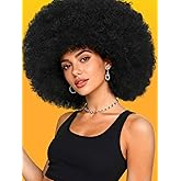 DZfirst Afro Wig 70s Curly Wigs for Black Women Natural Looking Bouncy Huge Fluffy Puff Wig Synthetic Hair for Daily Cosplay and Party (Black)