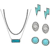Western Jewelry for Women,Western Earrings Navajo Pearl Necklace Set,Turquoise Pendant Necklace Layered Boho Beaded Choker Necklace for Women,Lightning Bolt Stud Earrings Set 80s 90s Accessories