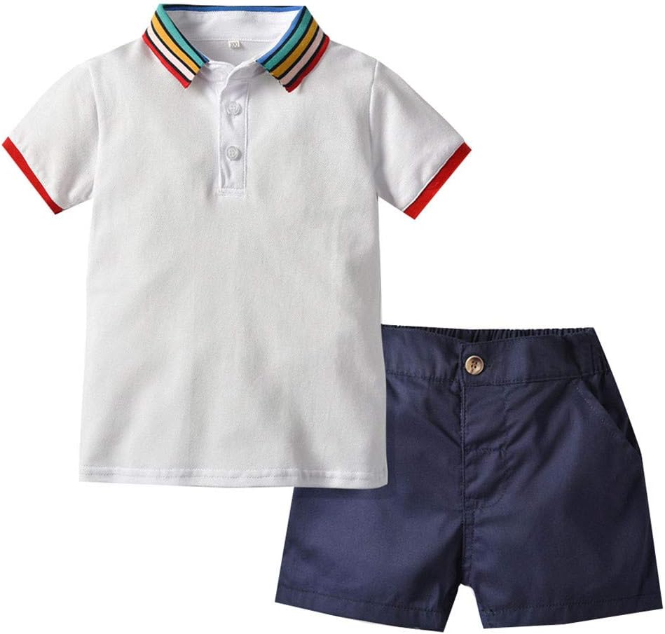 SSUPLYMY Toddler Baby Boy Girls Summer Clothes Set, Rainbow Striped Short Sleeve Plain Polo Shirts Tops with Solid Elastic Shorts and Sister Shirt Dress Outfits Set