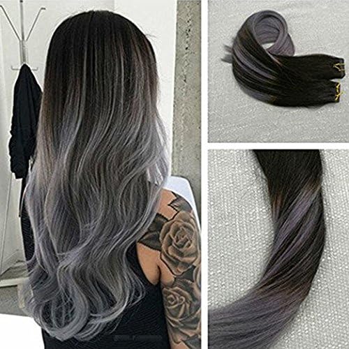 Ugeat 22 inch 50 Gram Per Package Two Tone Ombre Color 1B Fading to Silver Balayage Tape Hair Extensions Brazilian Real Human Hair Extensions Glue in Hair