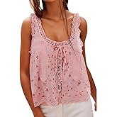 Women Summer Boho Lace Tie Front Tank Beach Vacation Top Button Down Sleeveless Cardigan Crop Y2k Tops Clothes