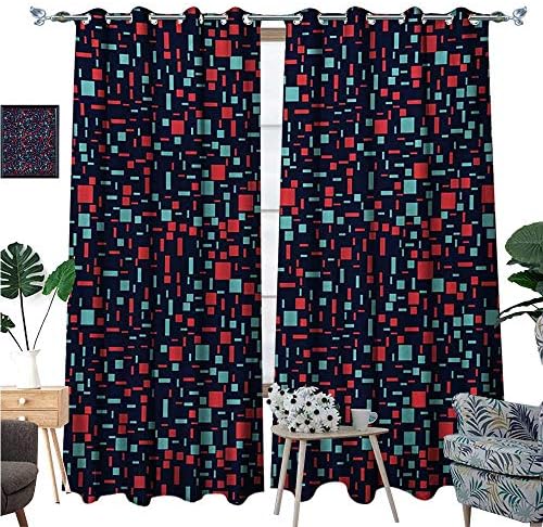 Geometric Waterproof Window Curtain Abstract Arrangement with Stripes and Squares on a Dark Background Blackout Draperies for Bedroom W84 x L96 Dark Blue Red Turquoise