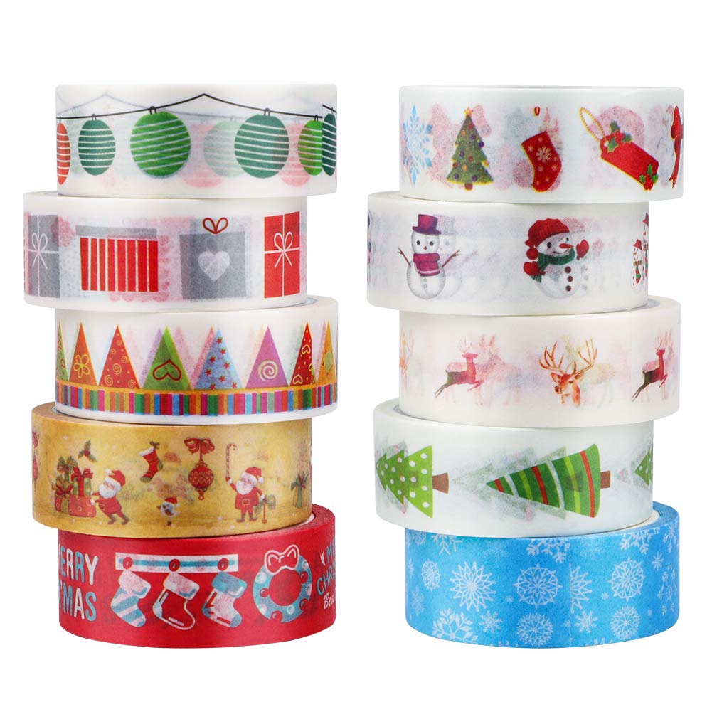 10 Rolls Christmas Washi Masking Tape Set, 5m Merry Xmas Designs Collection for Wall Tree DIY, Holiday Party Favors Craft Supplies (White)
