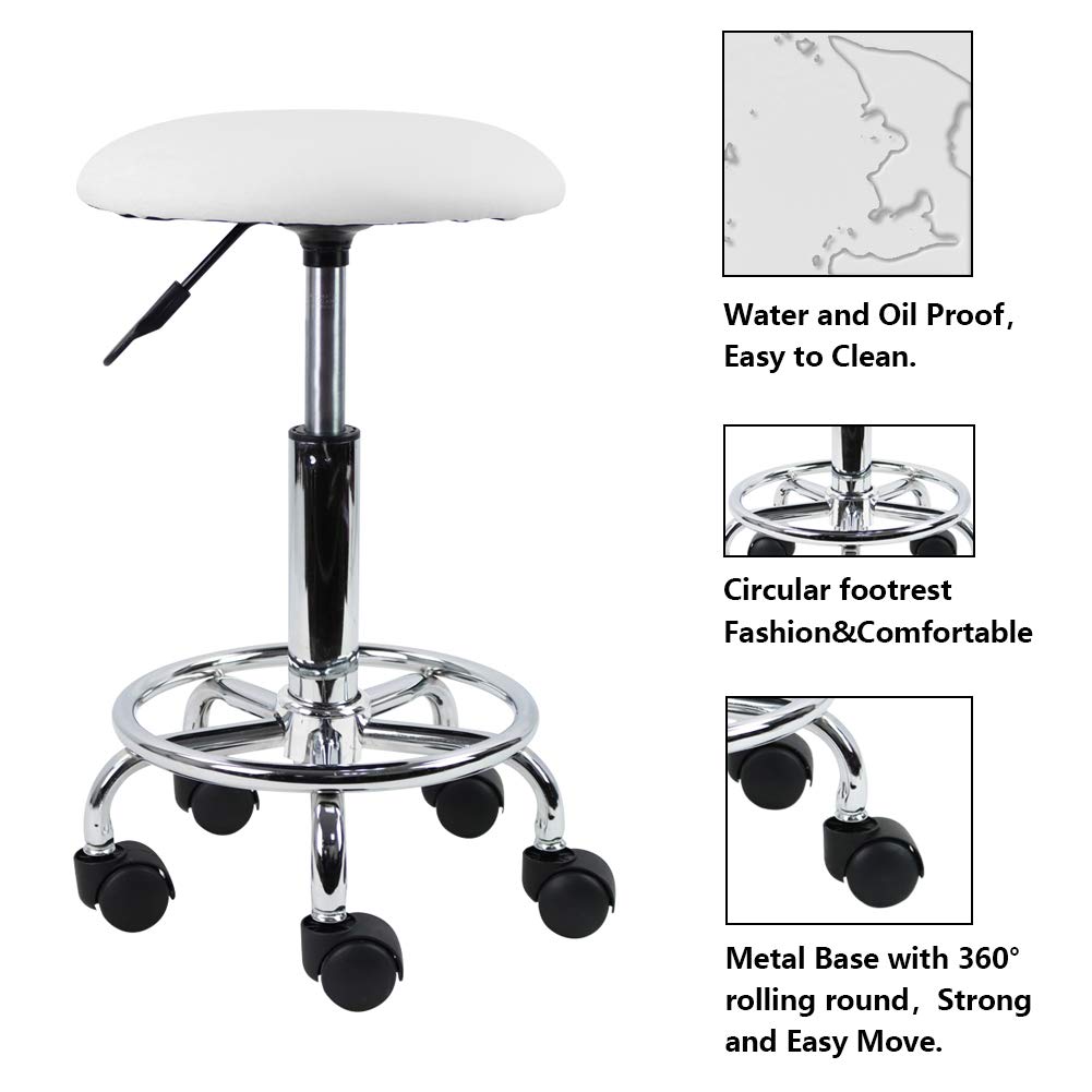 KKTONER Swivel Rolling Stool with Footrest Height Adjustable PU Leather Salon Vanity Spa Massage Office Stool Chair Small (White): Furniture & Decor