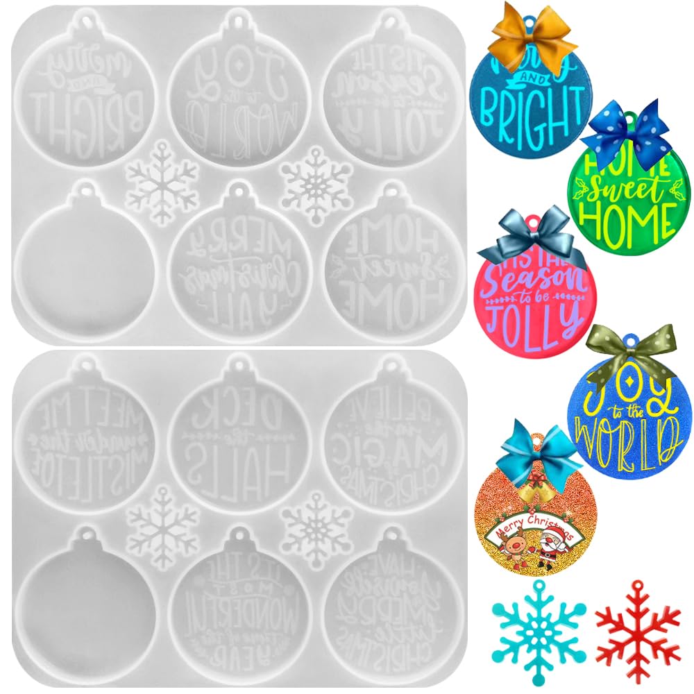 2 Pack Christmas Resin Moulds, FineGood Round Silicone Moulds for Resin Casting Tree Hanging Ornament Keychain Mould DIY Snowflake Christmas Decorations