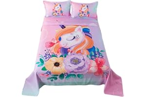 ADASMILE A & S Kids Unicorn Fitted Sheet 4 Pieces Cartoon Pink Floral Sheets Full for Girls Soft Microfiber Bedding Set Animal Bed Sets with Pillowcases All Season for Home Decor