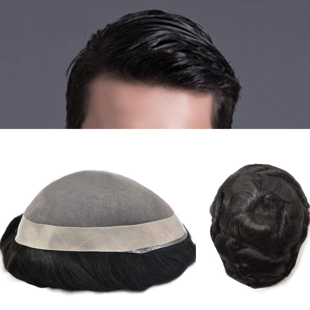 Photo 1 of FACE MIRACLE Durable Fine Mono Mens Toupee 1"Poly Coating Around Breathable Mens Wig Human Hair Replacement Systems (7"*9", 1B# Off Black-140% Medium Heavy Density)