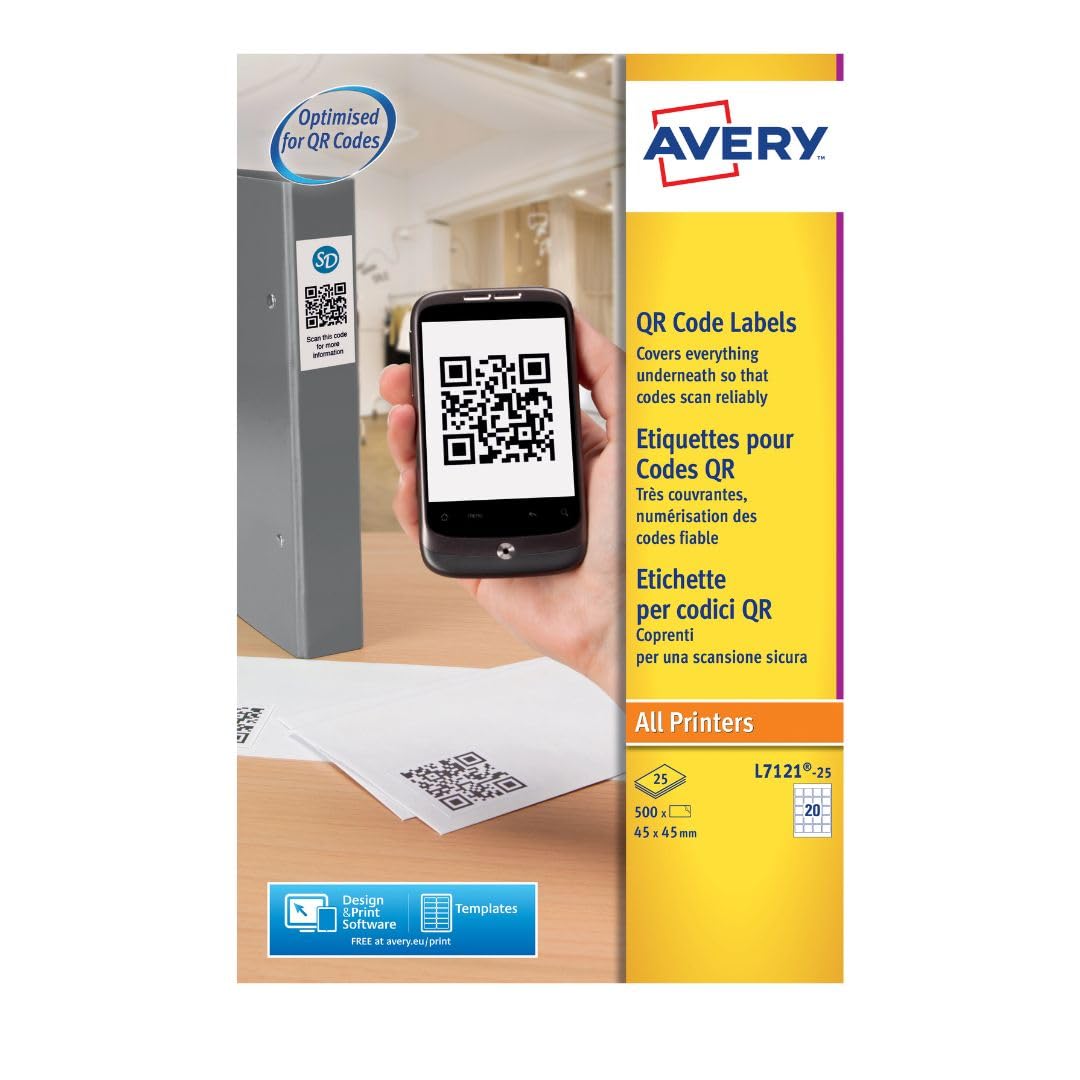 Avery L7121-25 QR Code Labels (A4 Sheets of 45 x 45 mm, 20 Labels per Sheet, 25 Sheets) - White
