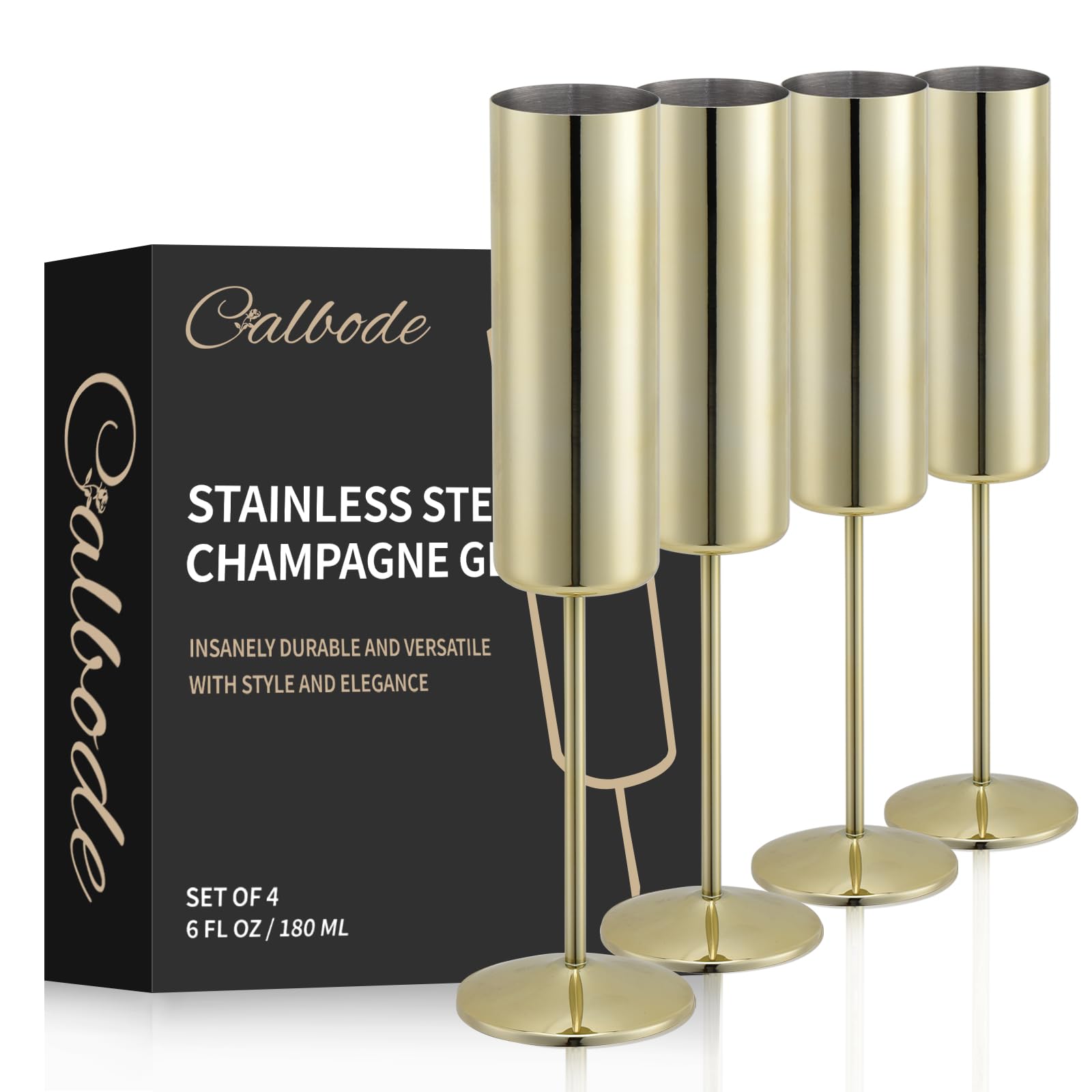 Photo 1 of CALBODE Stainless Steel Champagne Glasses Set of 4, 6.7oz Elegant Stainless Steel Champagne Flutes, Stemmed Unbreakable Wine Glasses for Party Wedding Christmas Anniversary, Gold